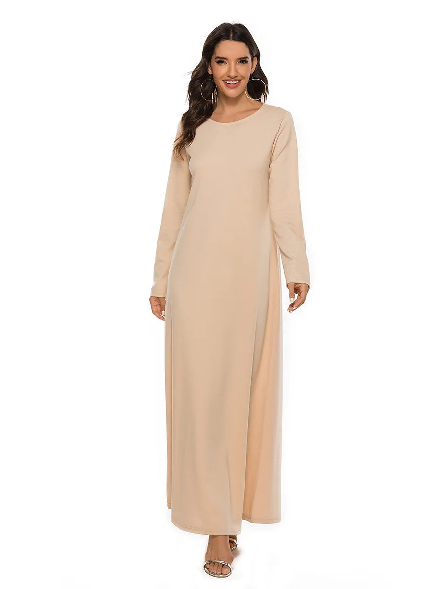 Women's Muslim Worshipwear Basic Long sleeved Laydown Round Neck Dress Middle Eastern Solid Color Robe
