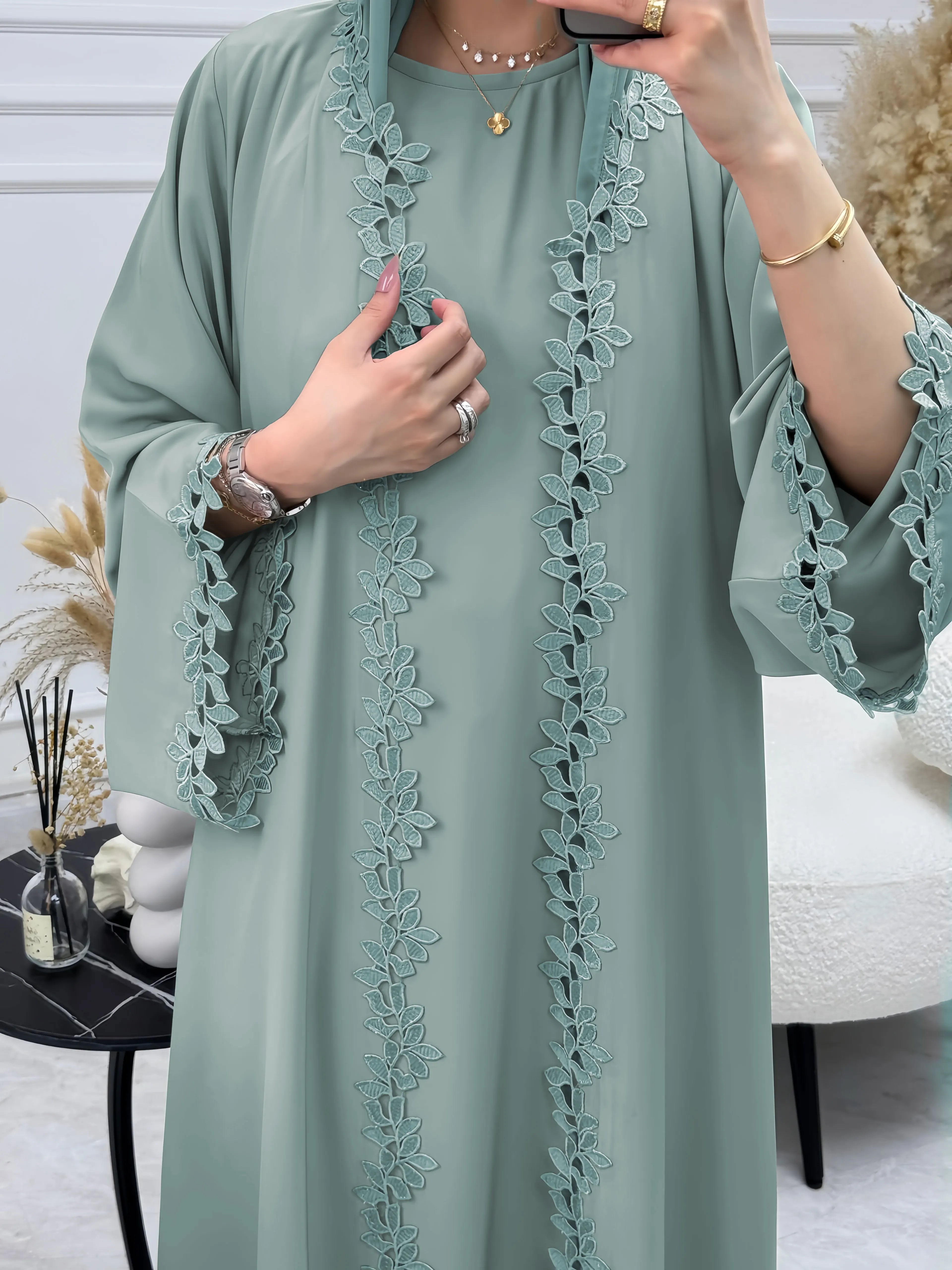Dubai Elegant Beige Abaya for Muslim Women - Intricately Crafted with Multicolored Embroidery Piece in Islamic Modest Fashion