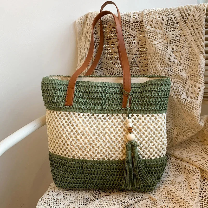 Color-blocked Linen Knitting Fashion Shoulder Bag Hollow Large Capacity Zipper Casual Tote Hot Sale Bags for Women Bolsa Mujer