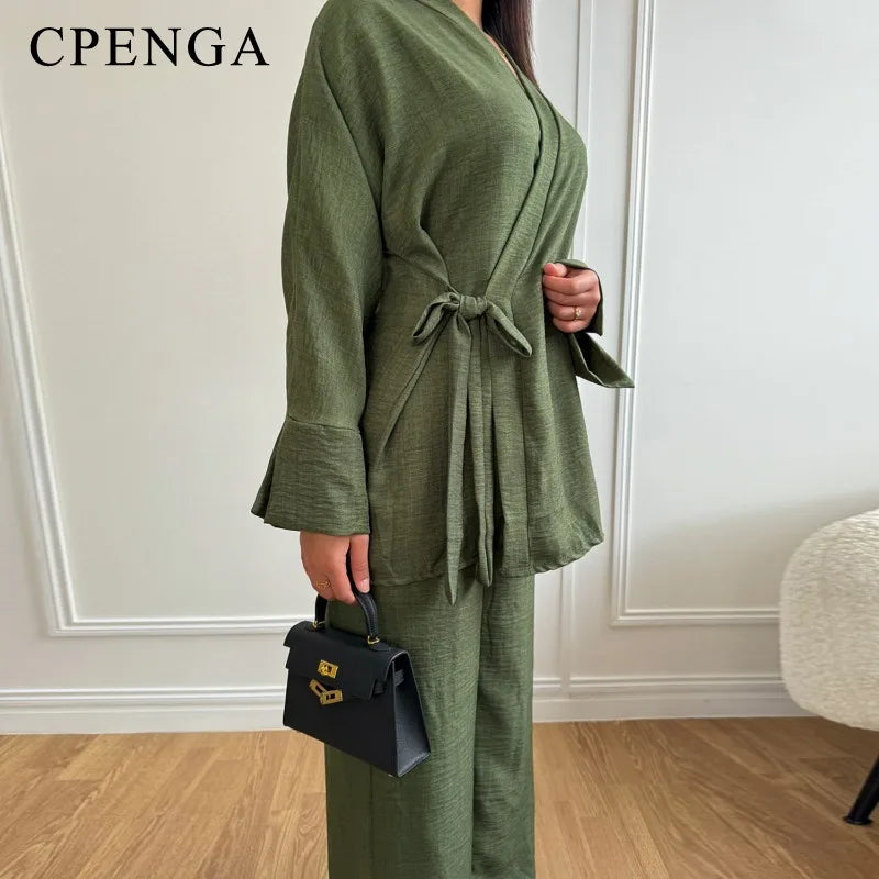 2 Piece Dubai Muslim Women Clothing Elegant Middle East Modest Top and Pants Sets 2024 Islamic Turkish Clothes Solid Outfits