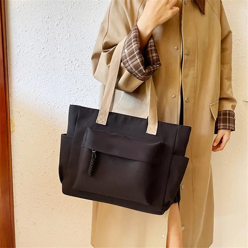 Nylon Tote Bag with Multiple Pocket Lightweight Foldable Design for Office Commute Shopping Fitness Storage Handbag Shoulder Bag