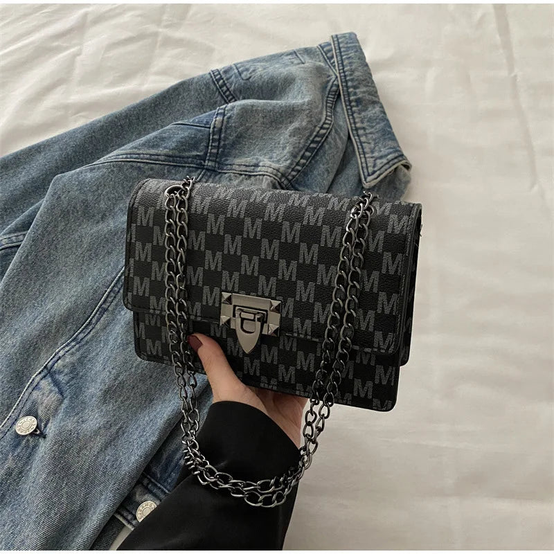 Luxury Letter Print Crossbody Shoulder Bag,Chain Buckle Compact Chic Women Sling Bag,Lady Vintage Casual Personalized Square Bag
