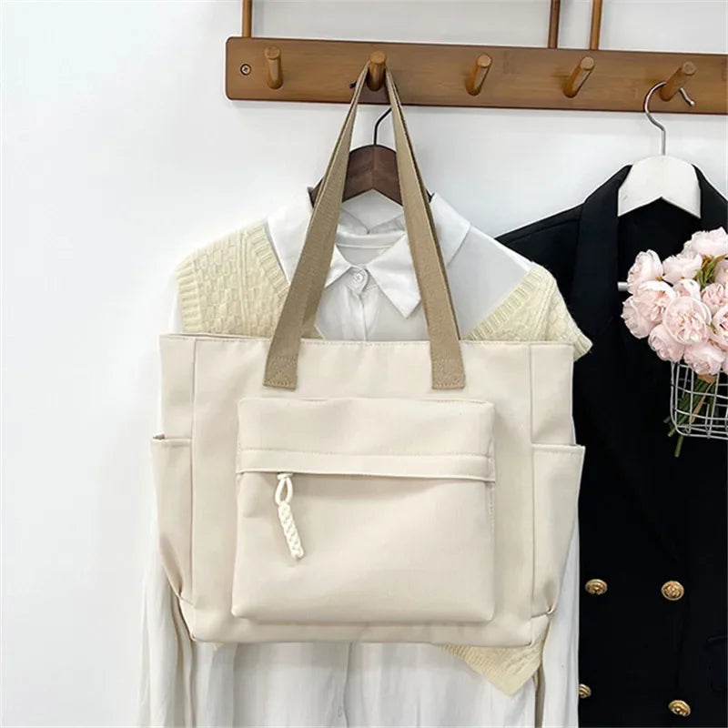 Nylon Tote Bag with Multiple Pocket Lightweight Foldable Design for Office Commute Shopping Fitness Storage Handbag Shoulder Bag