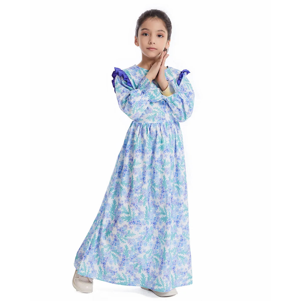 Abaya Girls Long Sleeve Dresses,Muslim Floral Dress for Kids,Conservative Outfits,Full Cover Robe Gown,Children's Beaching Dress