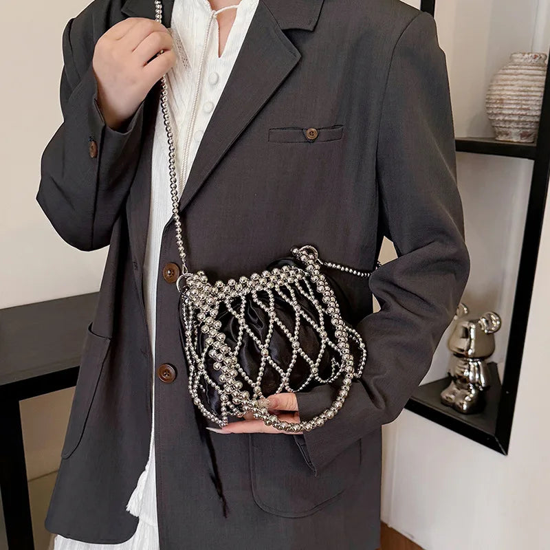 Sweet Girls Fashionable Handmade Pearl Beaded Bag French Style Hollow Out Evening Bag Elegant Single Shoulder Bag Sac A Main