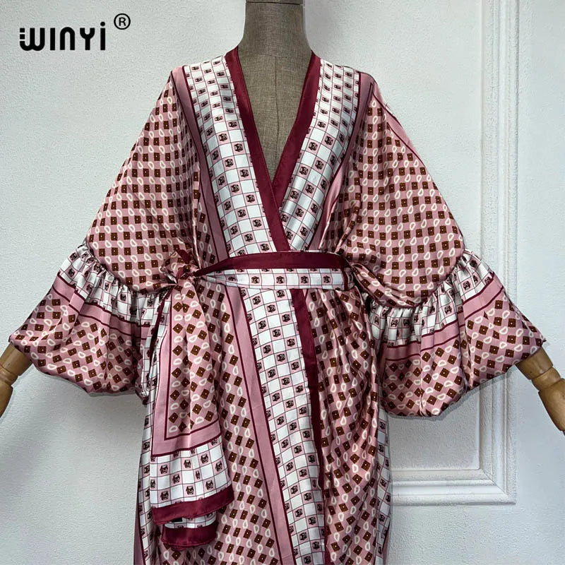 2023 dress KUWAIT WINYI new Muslim coat retro Print Self Belted Front Open Long Kimono kaftan Beach Tunic Women Wrap Dresses