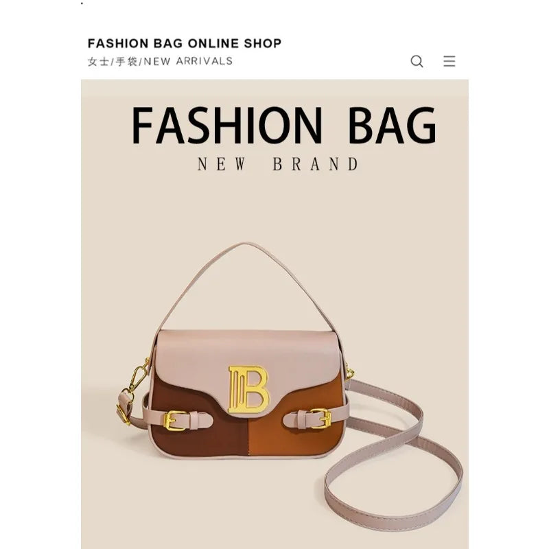 Luxury women's crossbody bag with color-blocking and stitching, box-style multi-color textured light luxury commuter bag.