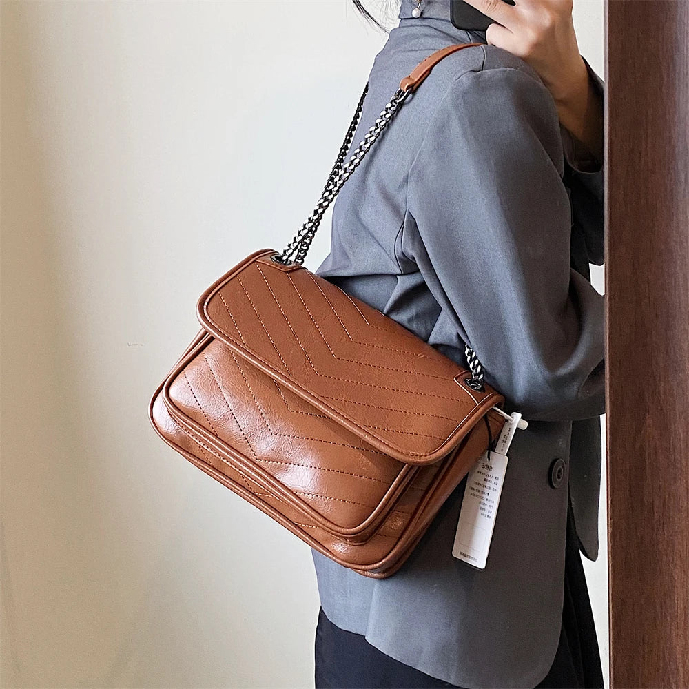 Luxury Chain Shoulder Bags For Women V-line Embroidery Dual Straps Designer Crossbody Messenger Bag Multi Pockets Female Handbag