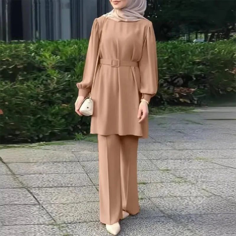 Muslim Women Matching Sets Long Sleeve Solid Color Tops with Belt And Loose Pant Suits Elegant Fashion Casual Tracksuit Kaftan