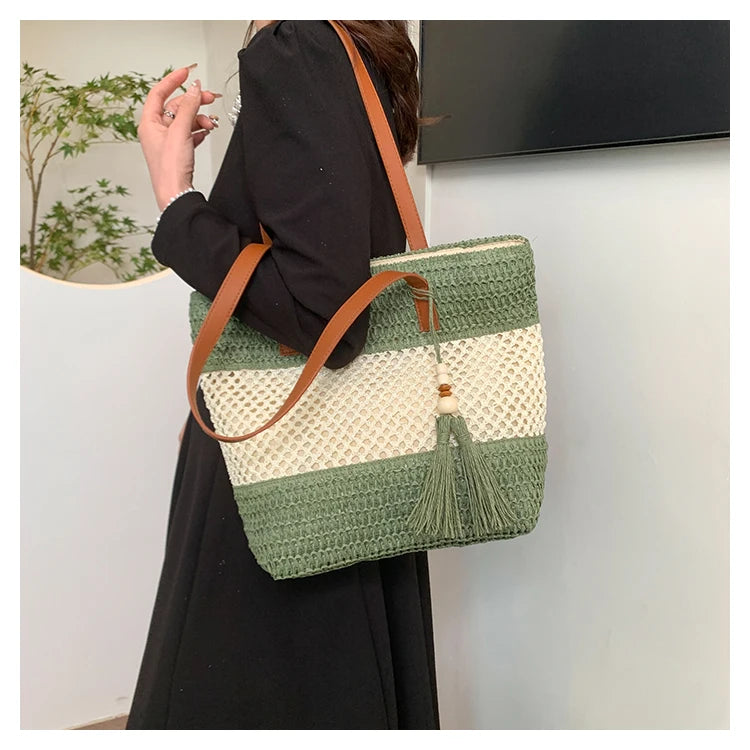 Color-blocked Linen Knitting Fashion Shoulder Bag Hollow Large Capacity Zipper Casual Tote Hot Sale Bags for Women Bolsa Mujer