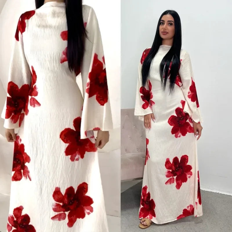 Elegant Floral Print Abaya Dress for Muslim Women Modest Full-Length Ankle-Grazing Maxi Robe 2025 Summer Islamic Turkey Outfit