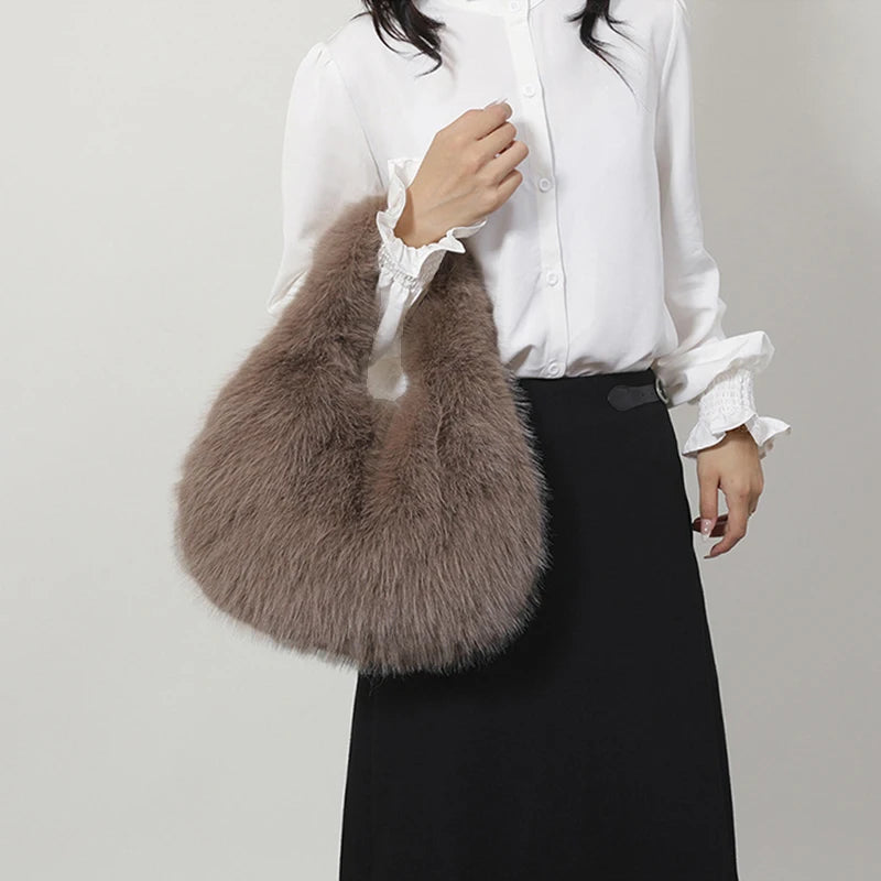 Small Hobo Handle Bags for Women Shoulder Bags Designer Furry Purse and Handbags Fashionable Cute Female Plush Bag