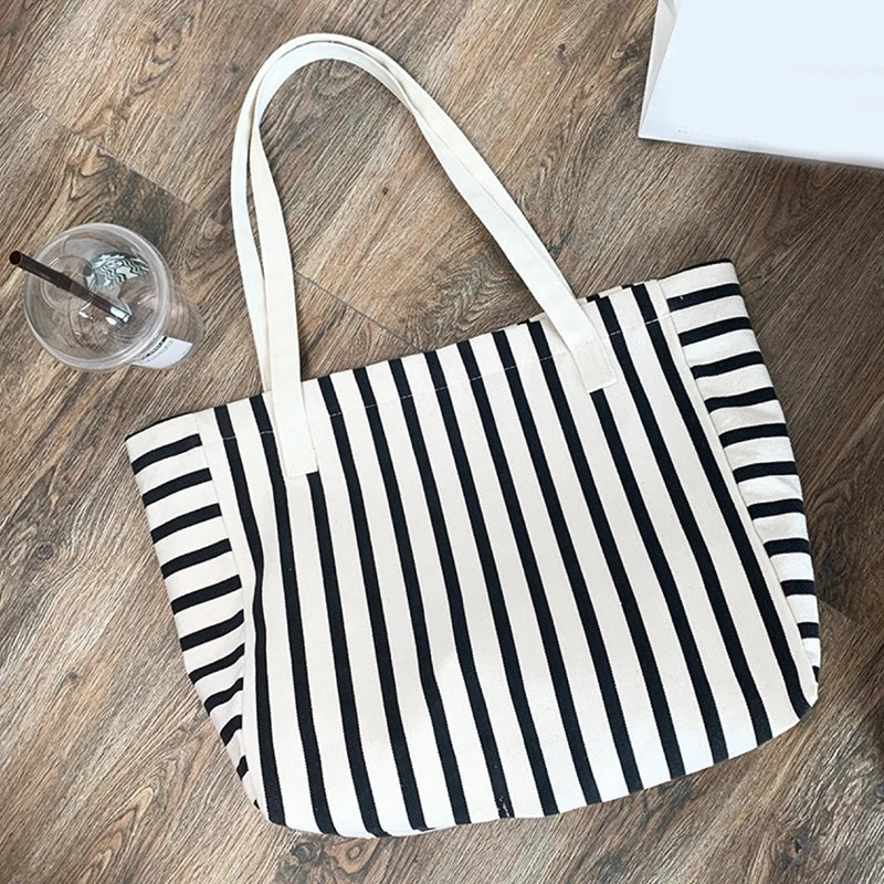 New Beach Tote Bag Fashion Women Canvas Summer Large Capacity Striped Shoulder Bag Tote Handbag Shopping Shoulder Bags ﻿