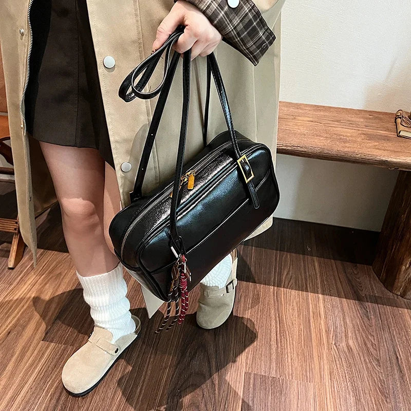 Luxury Black PU Leather Crossbody Bag for Women - Golden Buckle Strap & Red/Black Plaid Tassel, Y2K Underarm Bags Work Bag