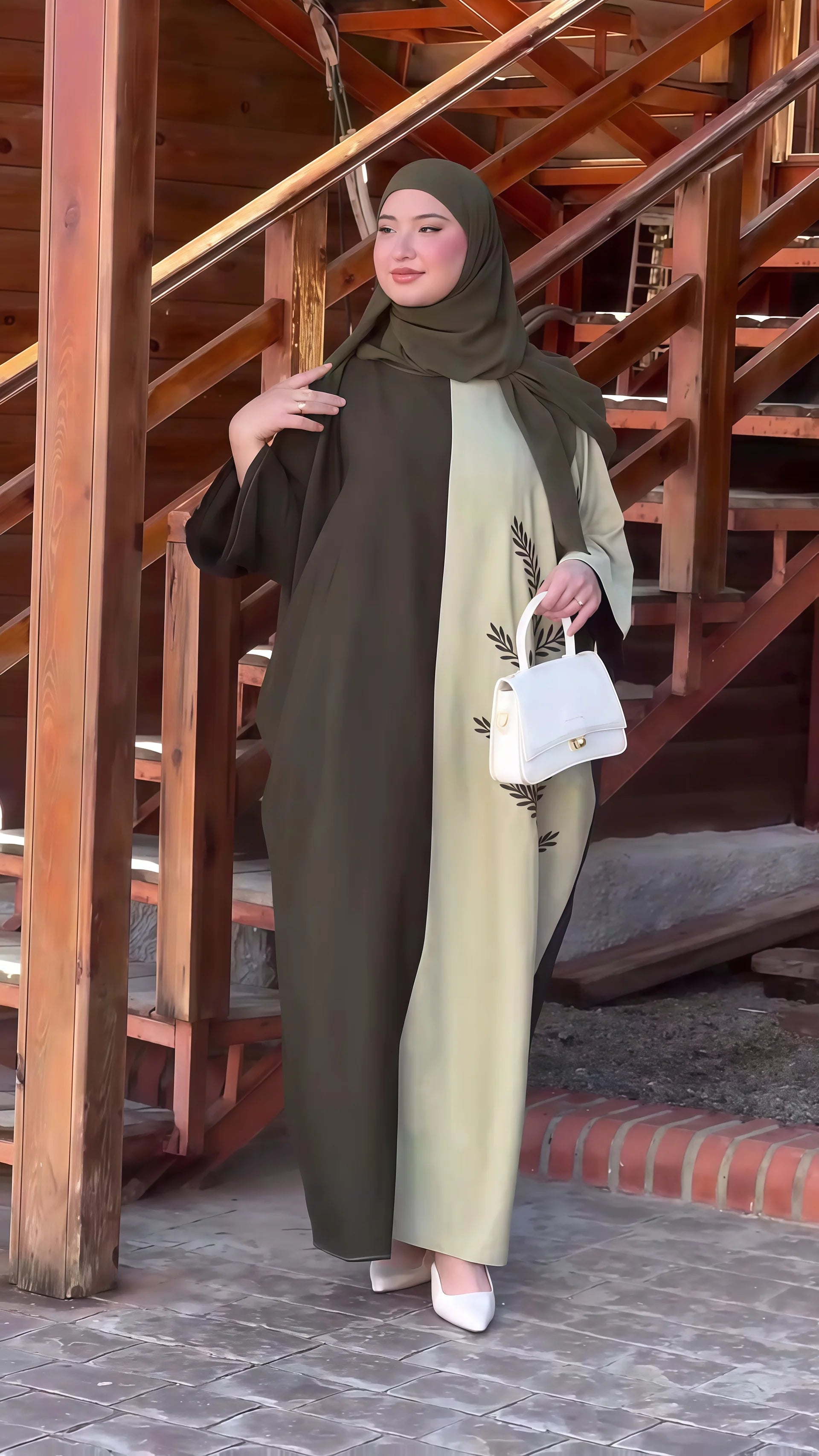 Women's Muslim Abaya Two Tone Olive and Beige with Leaf Embroidery Matching Hijab Elegant and Modest for UAE Saudi Arabia Qatar