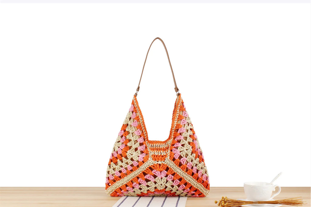 Summer Bohemian Braided Handbag Casual Tote Hollow Straw Beach Bag Woven Shoulder Bag Raffia Rattan Shopping Travel Bag