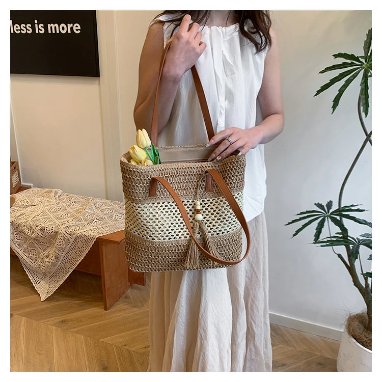 Color-blocked Linen Knitting Fashion Shoulder Bag Hollow Large Capacity Zipper Casual Tote Hot Sale Bags for Women Bolsa Mujer