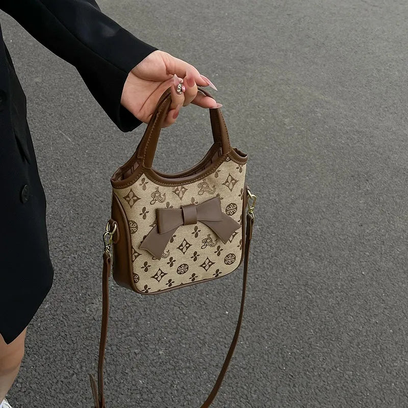 PU Hand-held Bow Bucket Bag Trendy Fashion Shoulder Bag Simple Versatile Women's Bag Commuter