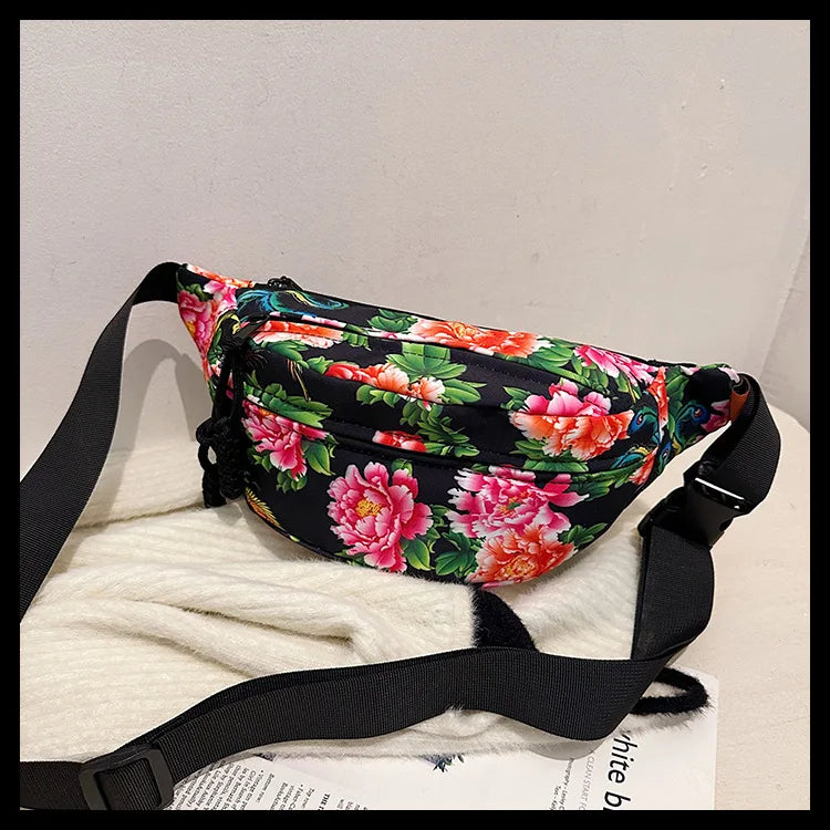 Women Fanny Bag Pack Large Flower Nylon Belt Bags Fashion Waist Pack Zipper Bag Adjustable Lightweight Multifunction Waterproof