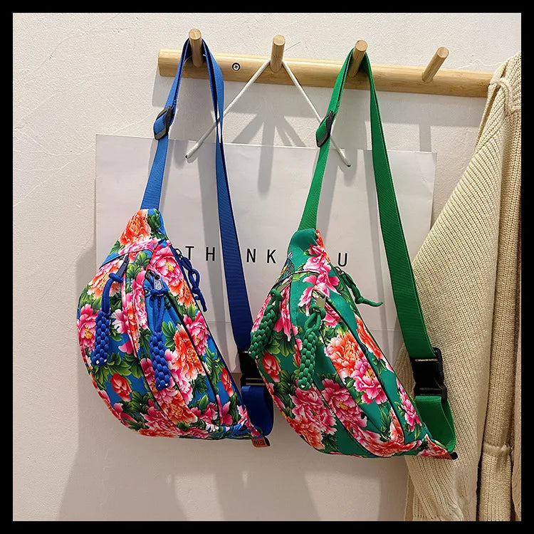 Women Fanny Bag Pack Large Flower Nylon Belt Bags Fashion Waist Pack Zipper Bag Adjustable Lightweight Multifunction Waterproof
