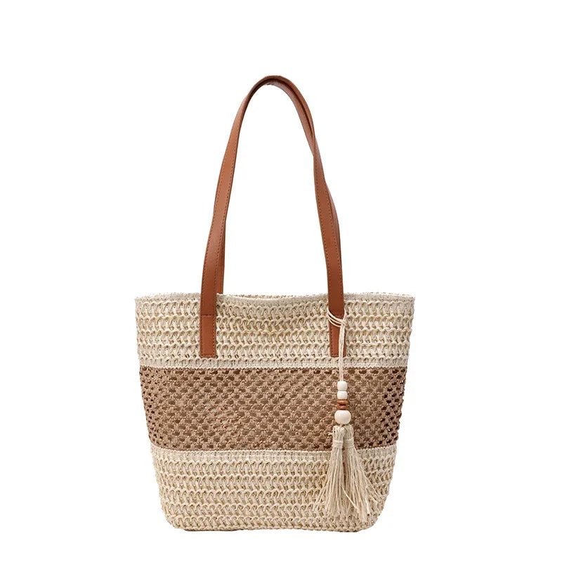 Color-blocked Linen Knitting Fashion Shoulder Bag Hollow Large Capacity Zipper Casual Tote Hot Sale Bags for Women Bolsa Mujer