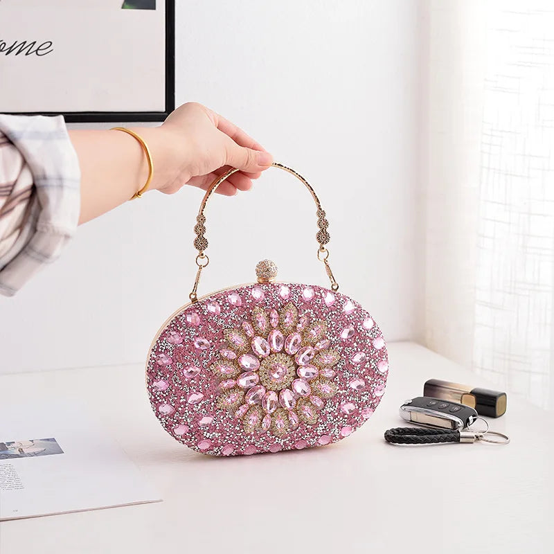 Gold Round Bag Luxury Brand Rhinestone Clutch Bags for Women 2024 Crystals Party Purses Diamond Designer Crossbody Handbags