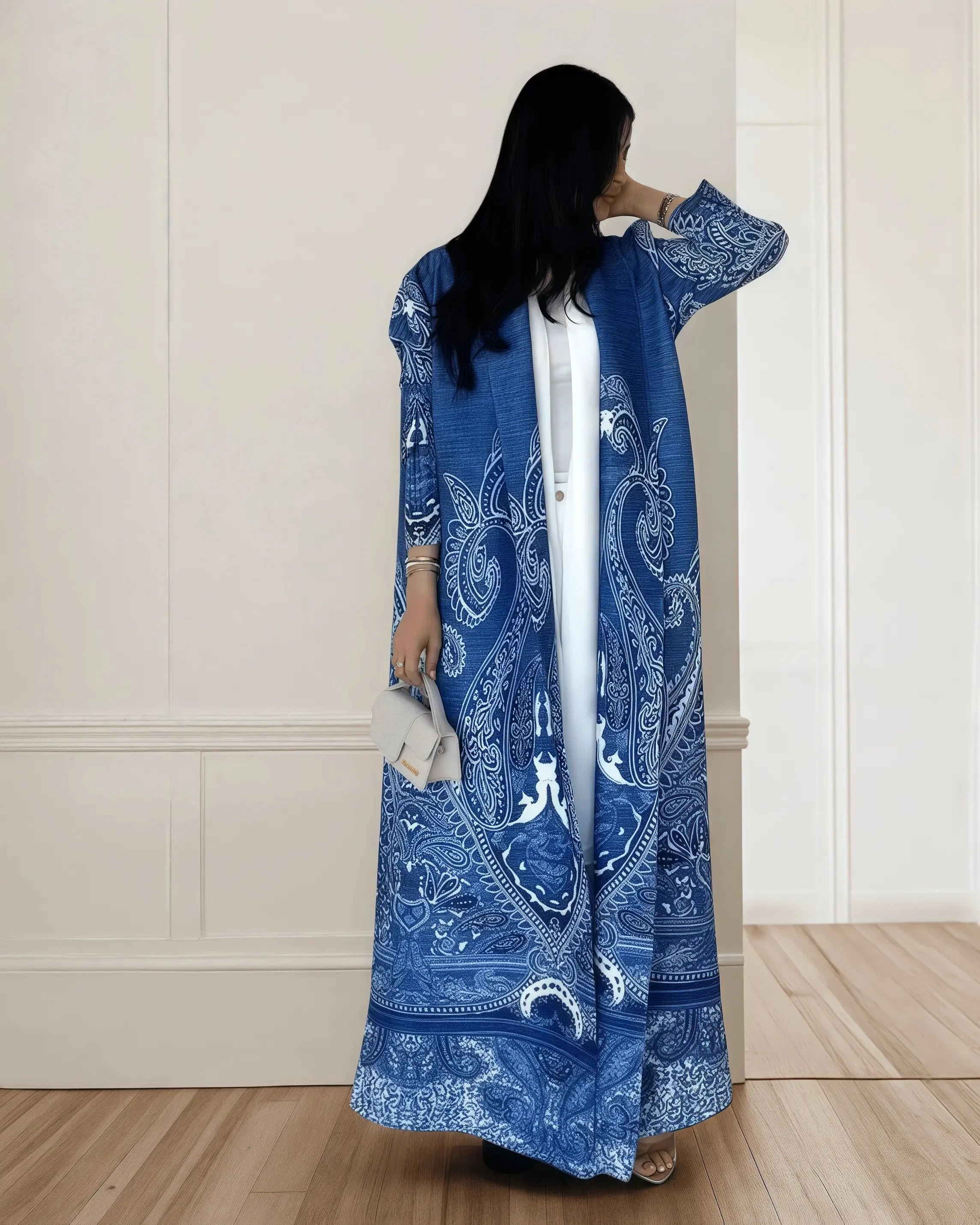 Autumn Women's Long Coat, Retro Printed Long Sleeved Muslim Abaya Saudi Fashion Wrinkled Waist Belt