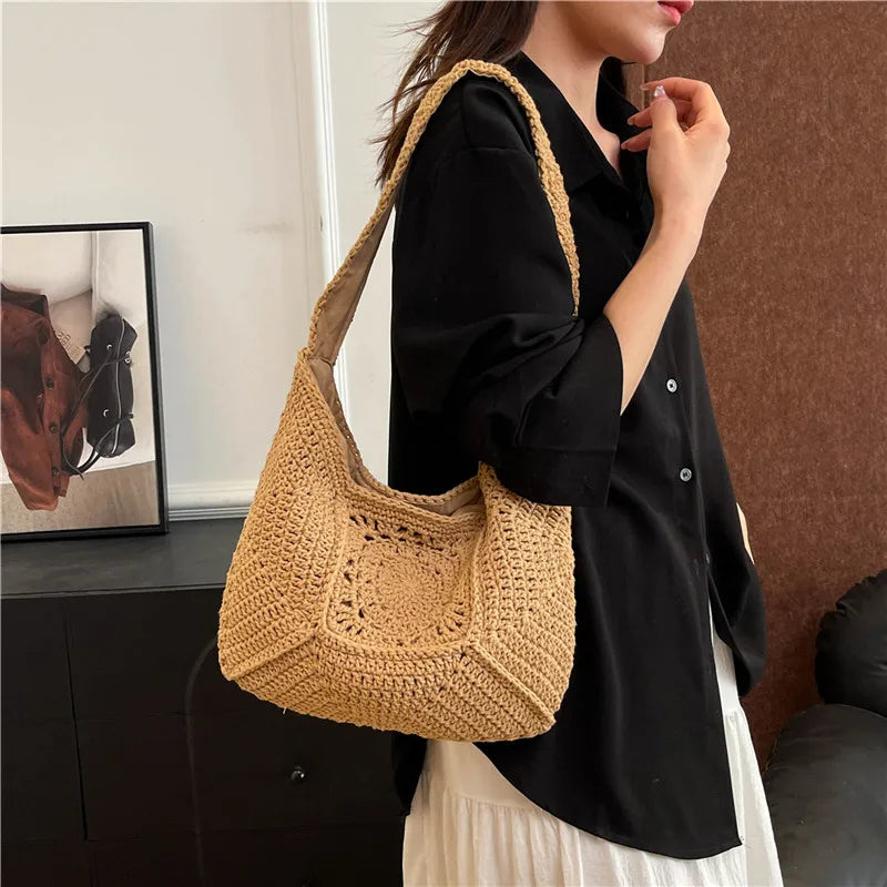 New Shoulder Bag Fashion Casual Crochet Shopping Tote For Women Solid Color Hollow Out Knitted Beach Bag Large Capacity Handbags