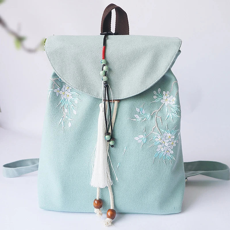 Women's Canvas Embroidered Flower Tassel Backpack Chinese Style Hanfu Casual Pendant Multi Pocket Large Capacity Girls Handbag