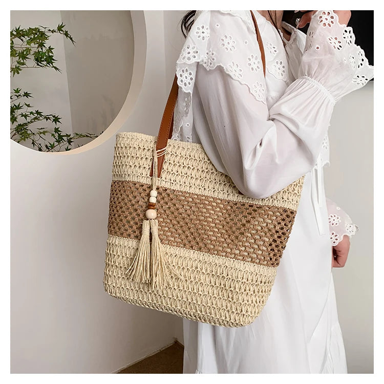 Color-blocked Linen Knitting Fashion Shoulder Bag Hollow Large Capacity Zipper Casual Tote Hot Sale Bags for Women Bolsa Mujer