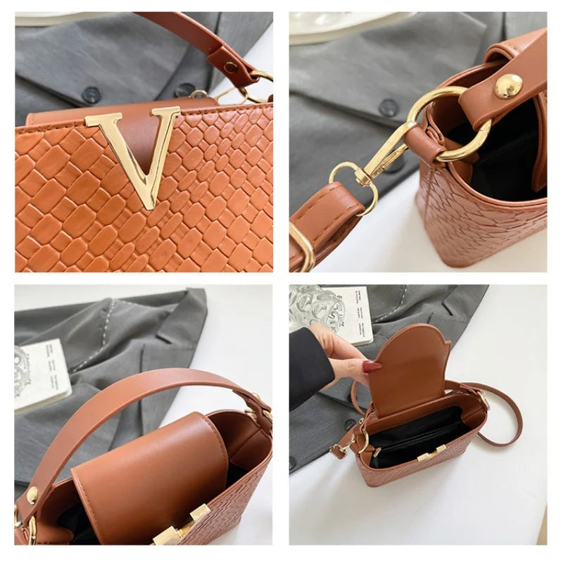 Luxury Women's Tote Bag, Chic V Shaped Stylish Pu Leather Bucket Bag, Top Cover Handbag Women Shoulder Crossbody Bags for Woman