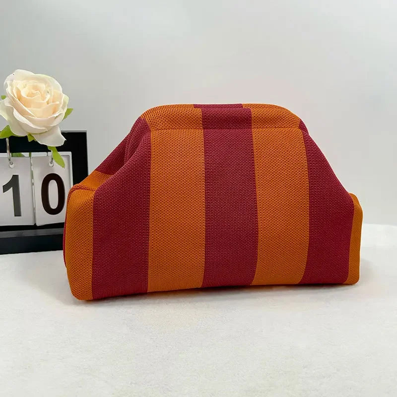 Knitted Striped Handbag Summer Beach Clutch Bags for Women Crochet Handbags Purses Knitting Dumpling Ruched Cosmetics Storage