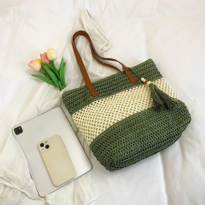 Color-blocked Linen Knitting Fashion Shoulder Bag Hollow Large Capacity Zipper Casual Tote Hot Sale Bags for Women Bolsa Mujer