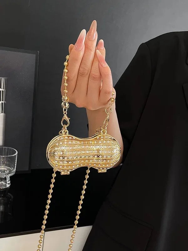 Luxury Diamond Inlay Peanut Shape Crystal Clutch Purse Stones Evening Wedding Party Shoulder Bag Handle Rhinestone Mini Handbags