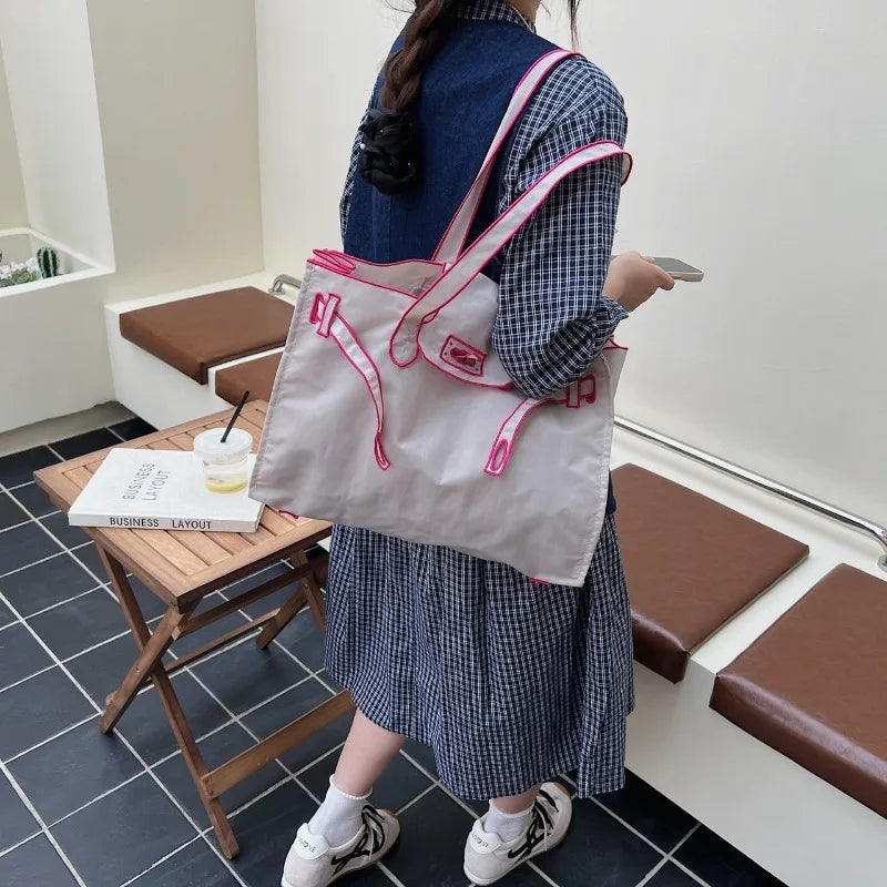 Funny Design Large Capacity Tote Bags 2025 New Casual Lightweight Nylon Shoulder Bag Versatile Canvas Bag Women Shopping Handbag