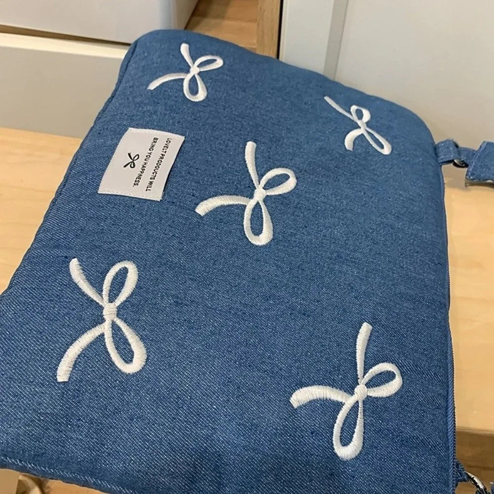 Portable Fashion Computer Bag 14 Inches Shockproof Laptop Bag Soft Bowknot Embroidered Tablet Carring Case Daily Commute