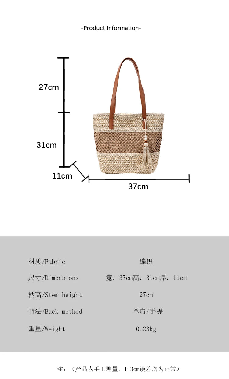 Color-blocked Linen Knitting Fashion Shoulder Bag Hollow Large Capacity Zipper Casual Tote Hot Sale Bags for Women Bolsa Mujer