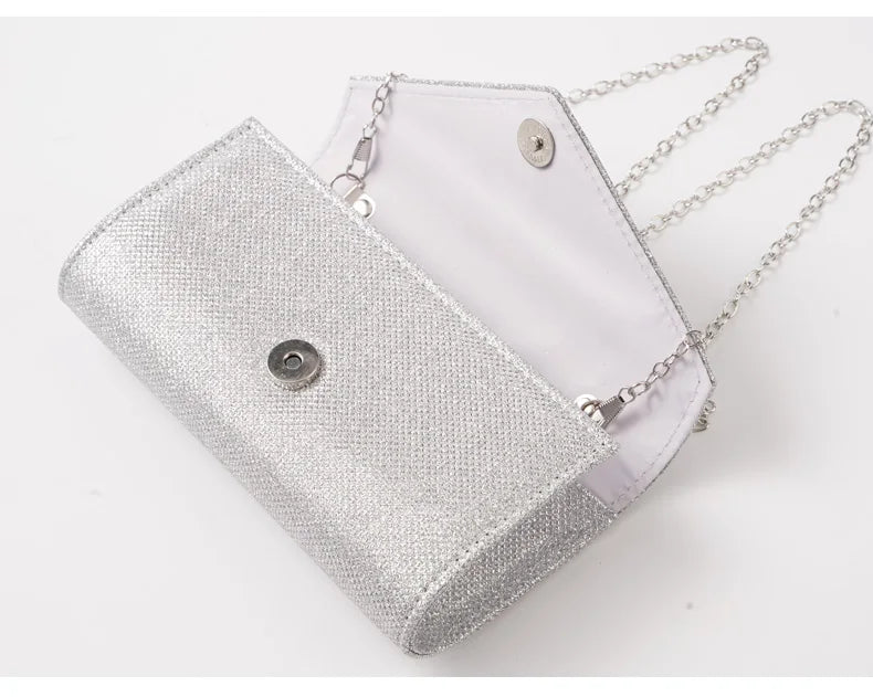 Women Envelope Evening Bag Glitter Ladies Chain Shoulder Bags Shiny Silver Long Purse Female Wedding Party Clutches Mini Handbag