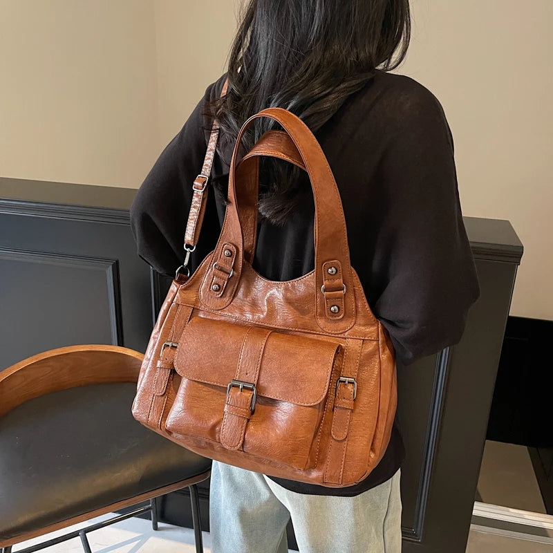 Women Tote Bag Fashion Underarm Pouch Large Capacity Soft Pu Leather Shoulder Bag Retro Crossbody Bag Casual Portable BucketBags