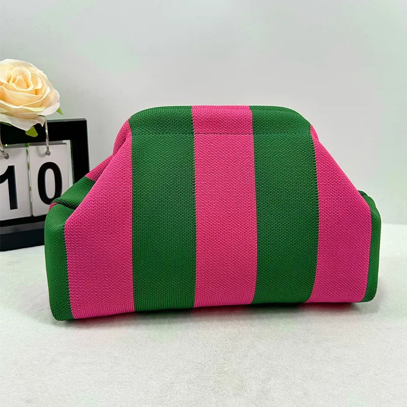 Knitted Striped Handbag Summer Beach Clutch Bags for Women Crochet Handbags Purses Knitting Dumpling Ruched Cosmetics Storage
