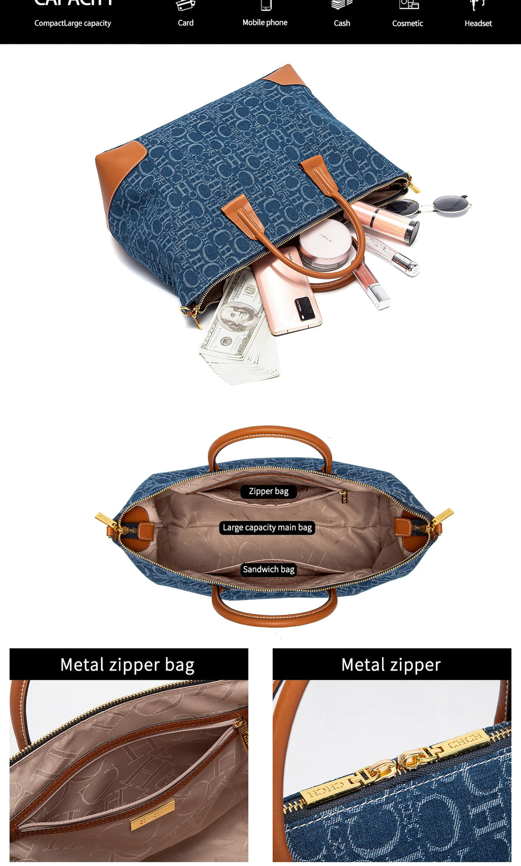 Geometric Letter Pattern Travel Totes – Sophisticated Blue Fabric  Leather Accents Metallic  for Urban Mobility Chic Versatility