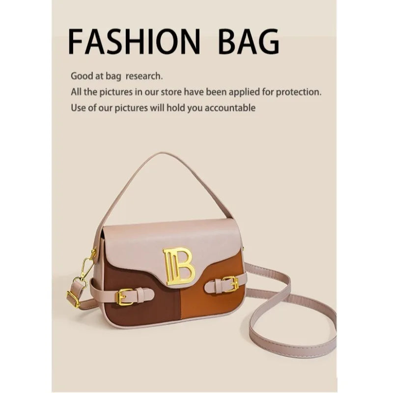 Luxury women's crossbody bag with color-blocking and stitching, box-style multi-color textured light luxury commuter bag.