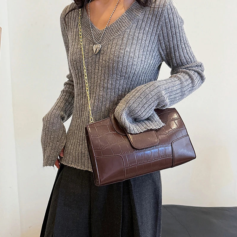 Luxury Clutch Bag Retro Women's Bag Stone Pattern PU Leather Crossbody Bag Female Flap Handbag Shoulder Bag Simple Sac A Main