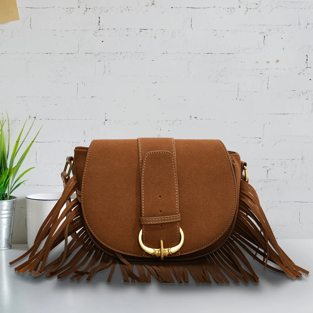 Women Suede Crossbody Bag with Tassels Shoulder Bag Zipper Closure Handbag Satchel Bag for Work Travel