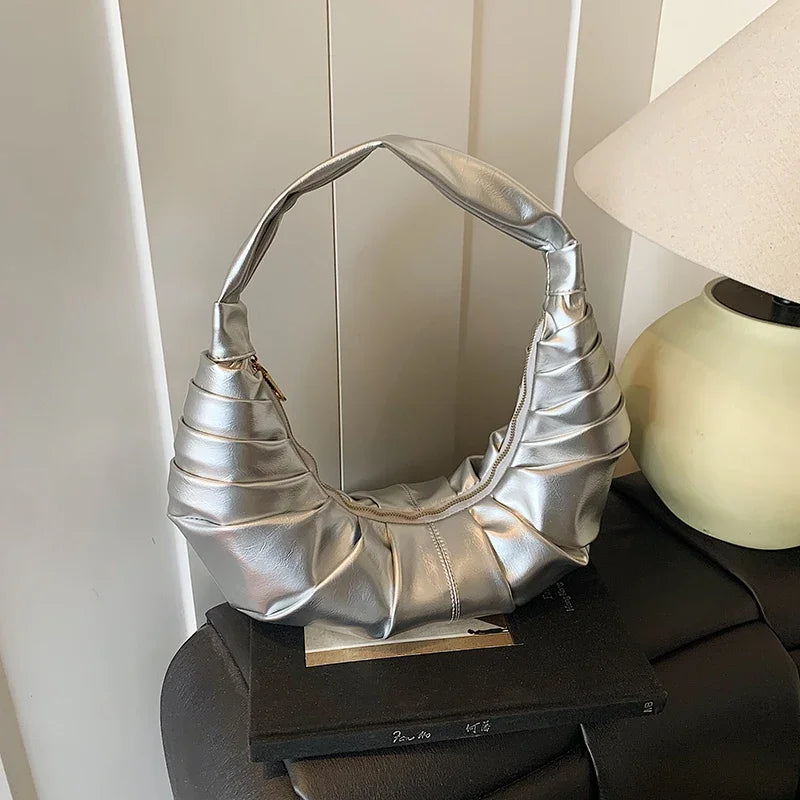 Silver Handbags Women Dumpling Shoulder Bag Fashion Luxury Ladies Hobos Bags High Capacity Female Tote Bag Black