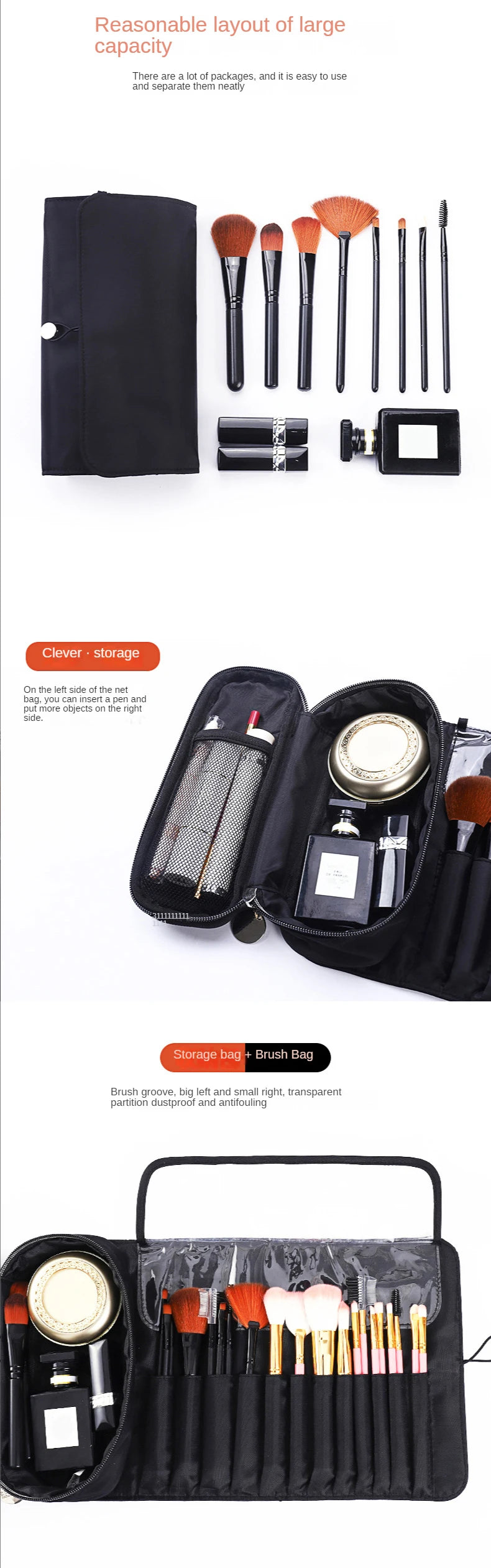 Makeup Bag Women's Cosmetic Brush Bag Travel Organizer Makeup Brushes Fold Tools Rolling Bags Waterproof Nylon Makeup Case