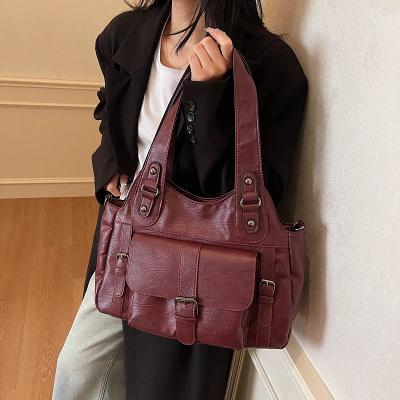 Women Tote Bag Fashion Underarm Pouch Large Capacity Soft Pu Leather Shoulder Bag Retro Crossbody Bag Casual Portable BucketBags