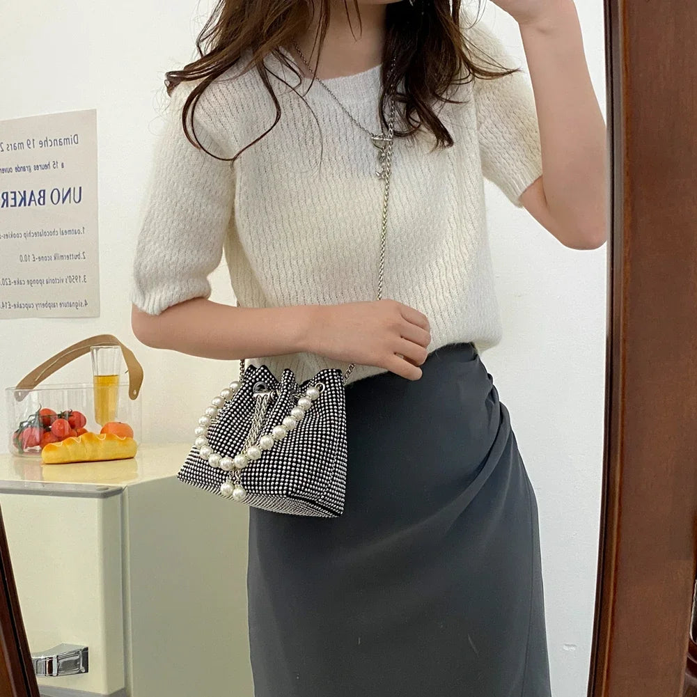 Fashion Evening Bag for Women Shiny Crossbody Bag Bling Rhinestone Bucket Shoulder Messenger Bags Ladies Glitter Handbag Purse