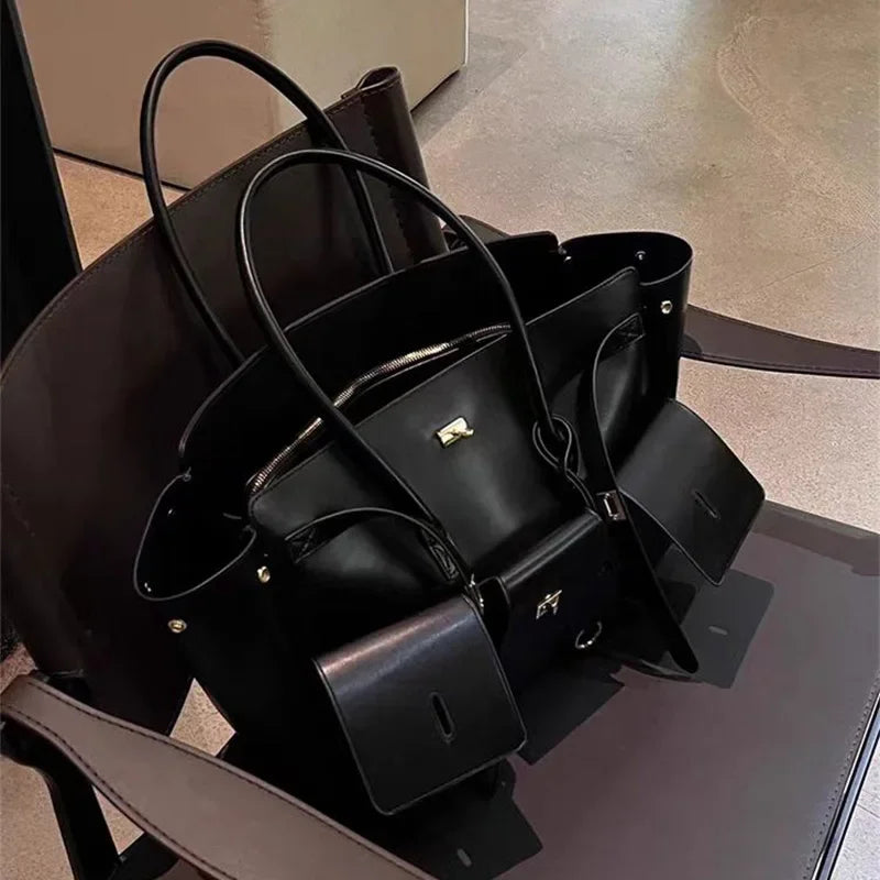 Luxury Brand Silver Buckle Fashion Genuine Leather Handbag New Large Capacity Tote Bag Designer Women's Commuter Shoulder Bag