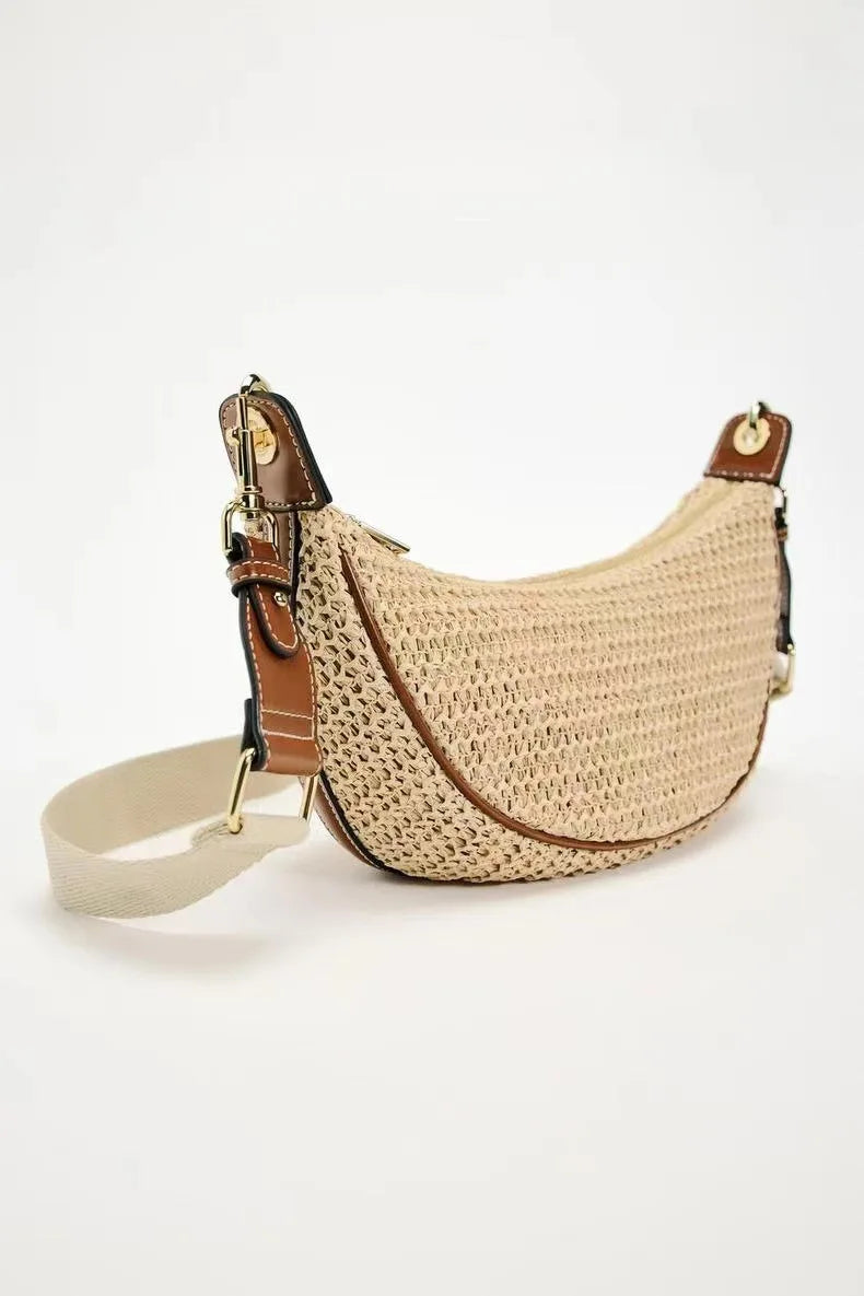 Fashion Woven Hobo Straw Bag Bohemian Half Moon Travel Beach Bags for Women Handbags Designer Handmade Shoulder Crossbody Bag